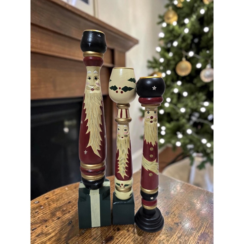 Set of 3 HOUSE OF LLOYD Christmas Around The World Wooden Candlestick Holders